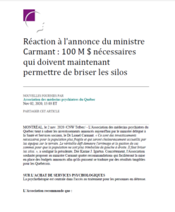 Réaction à l'annonce du ministre Carmant : 100 M $ nécessaires qui doivent maintenant permettre de briser les silos